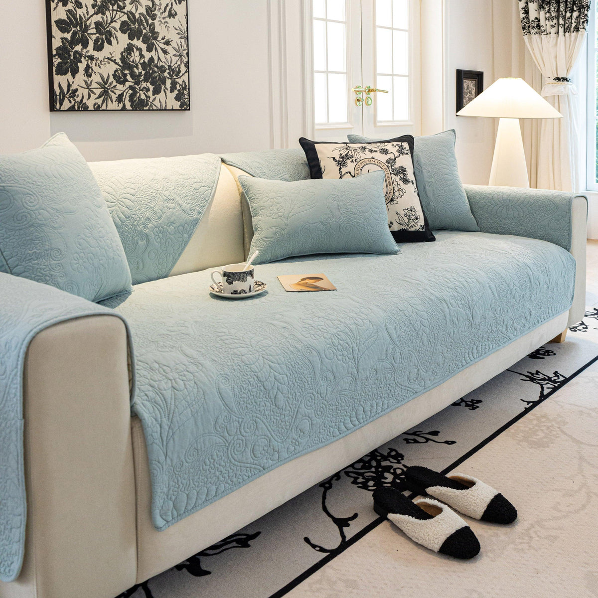 Baroque Floral Quilted Cotton Sofa Cover, Non-Slip Washable Couch Protector