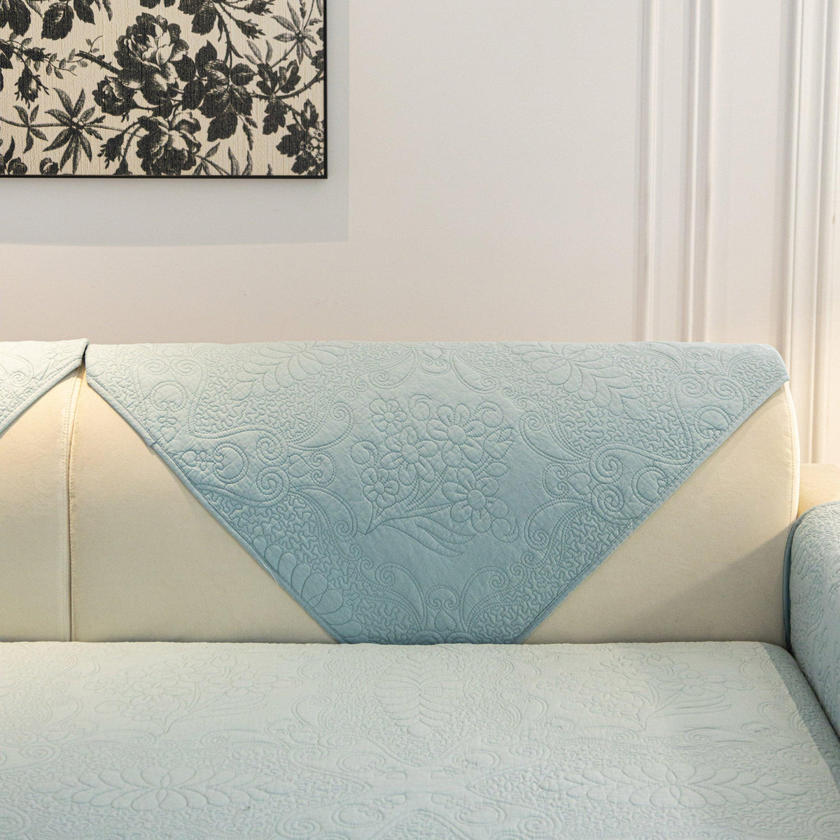Baroque Floral Quilted Cotton Sofa Cover, Non-Slip Washable Couch Protector