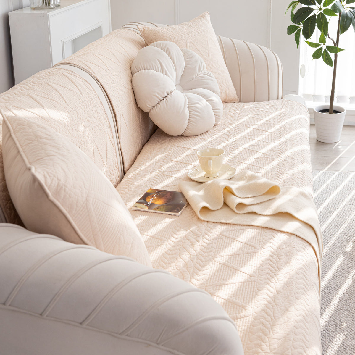 Geometric Textured Cotton Quilted Sofa Cover, Non-Slip Washable Couch Protector