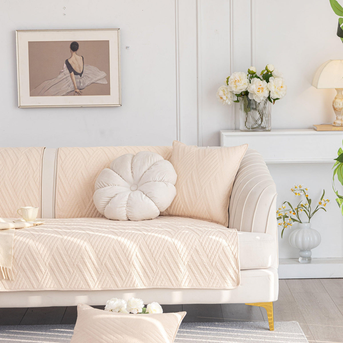 Quilted Geometric Cotton Sofa Cover, Non-Slip & Thick Padded Furniture Covers