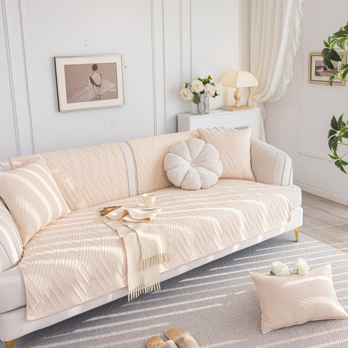 Quilted Geometric Cotton Sofa Cover, Non-Slip & Thick Padded Furniture Covers