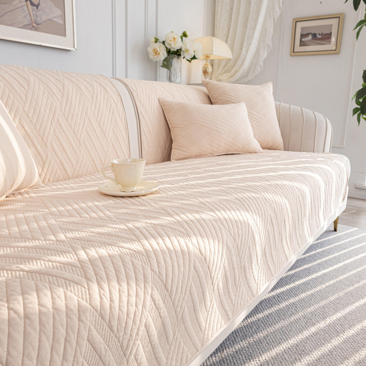 Quilted Geometric Cotton Sofa Cover, Non-Slip & Thick Padded Furniture Covers