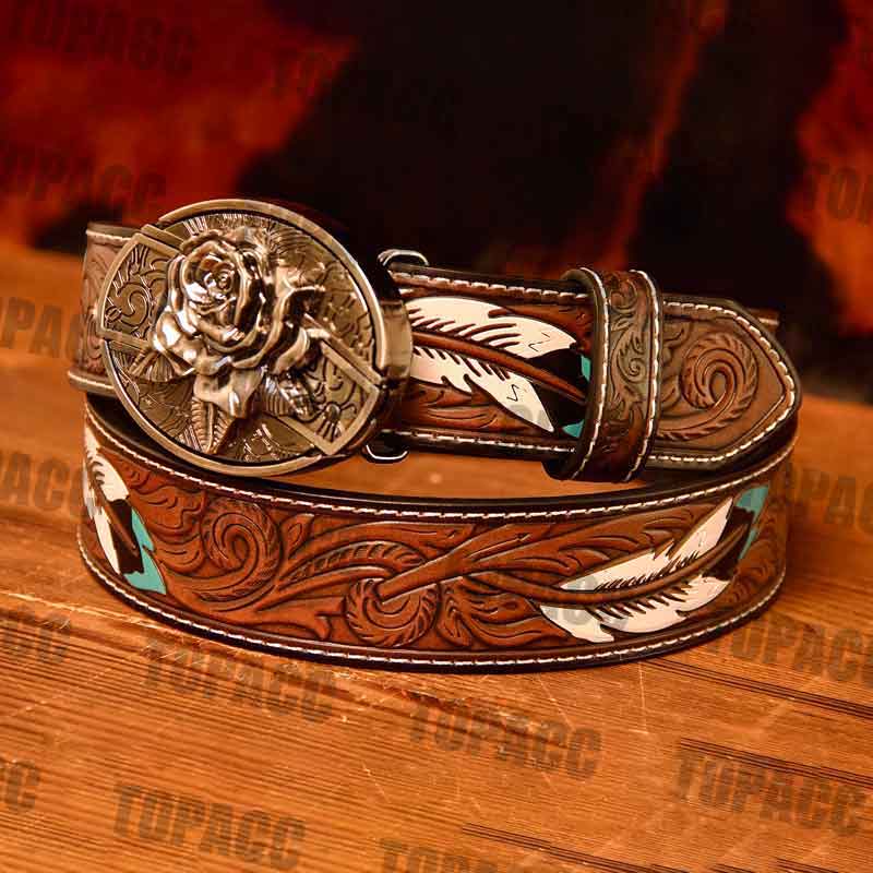 TOPACC Western Leather Feather Belt - Block Buckle