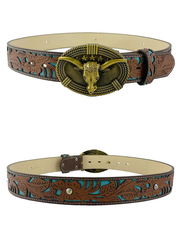 TOPACC Western Turquoise Belts - Cute Longhorn Cow Belt Buckle Copper/Bronze - Gifts for You 'n Me