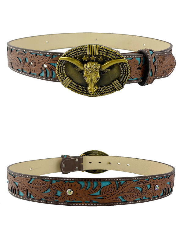 TOPACC Western Turquoise Belts - Cute Longhorn Cow Belt Buckle Copper/Bronze
