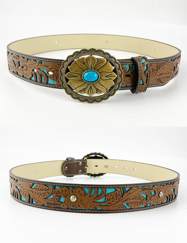 TOPACC Western Turquoise Belts - Turquoise Flower Belt Buckle Copper/Bronze