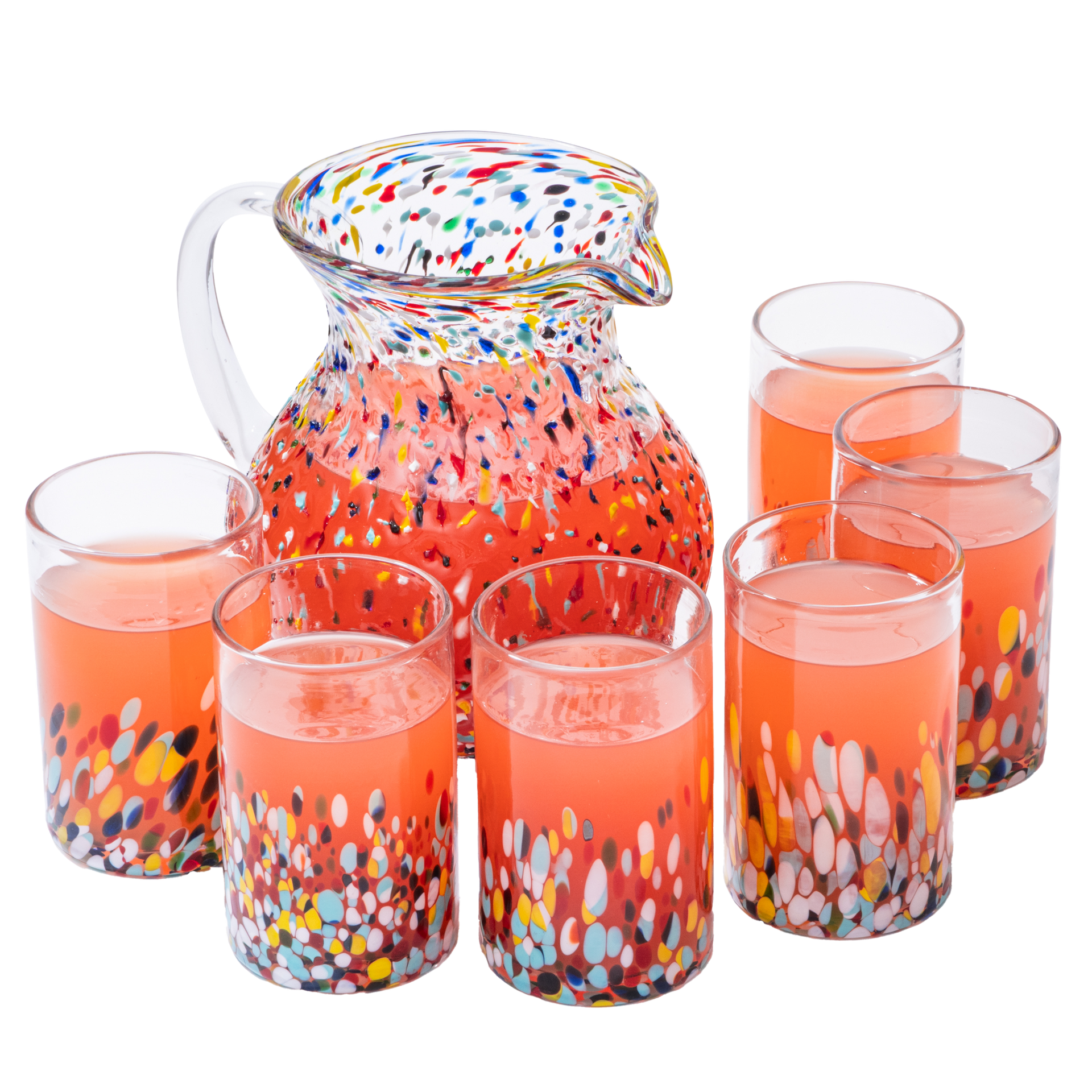 Colorful glass pitcher and tumblers with multicolored speckled design on a white background