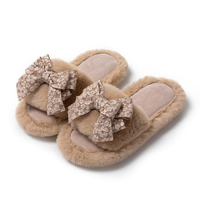 Cotton Slippers Women Autumn And Winter Home Plush Wind Bow Soft Bottom Indoor Outdoor Wear Slippers Fluffy Memory Foam Fur Furry Womens Slippers Cozy Warm Fur Bedroom Slippers