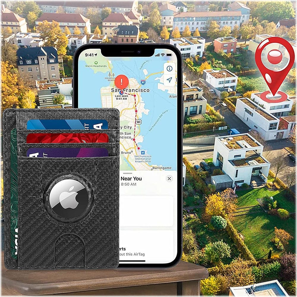 Slim Leather Carbon Style Wallet Case - Apple AirTag Zerodamage Sahara Case LLC