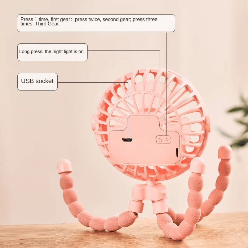Mini Octopus Folding Fan – 5-in-1 Portable Silent Fan for Baby Stroller, Home & Travel