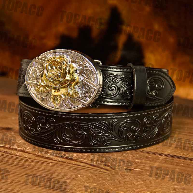 Black Leather Belt with Two-tone Strap Holder Buckle