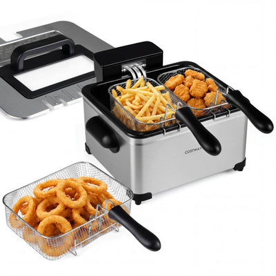 5.3-Qt Electric Deep Fryer with 3 Baskets 1700W LED Touch Screen and 6 Presets-Silver
