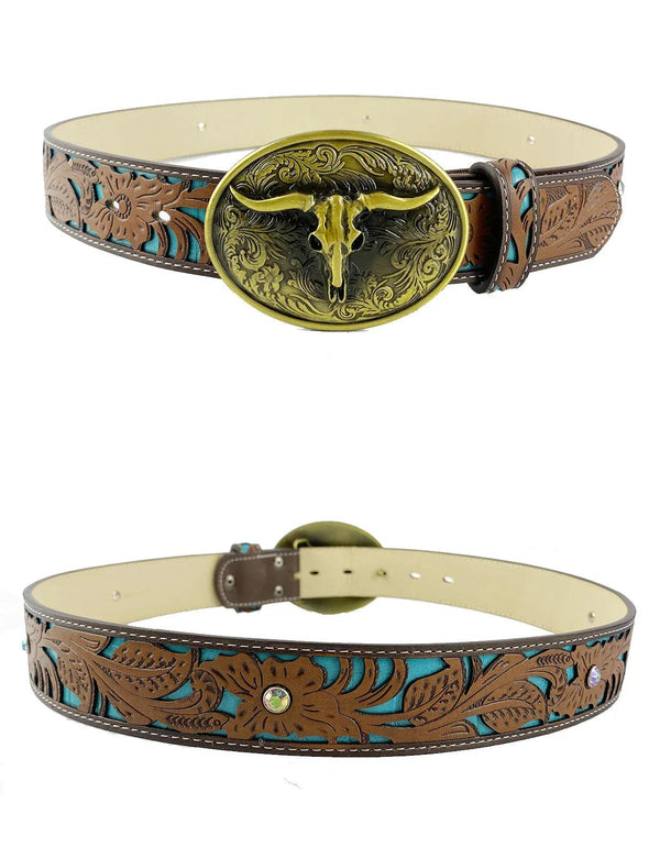 TOPACC Western Turquoise Belts - Longhorn Cow Bull Belt Buckle Copper/Bronze - Gifts for You 'n Me
