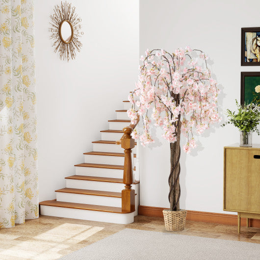 5.5 FT Tall Artificial Cherry Blossom Tree with Pink/White Flowers 1 Pack-White