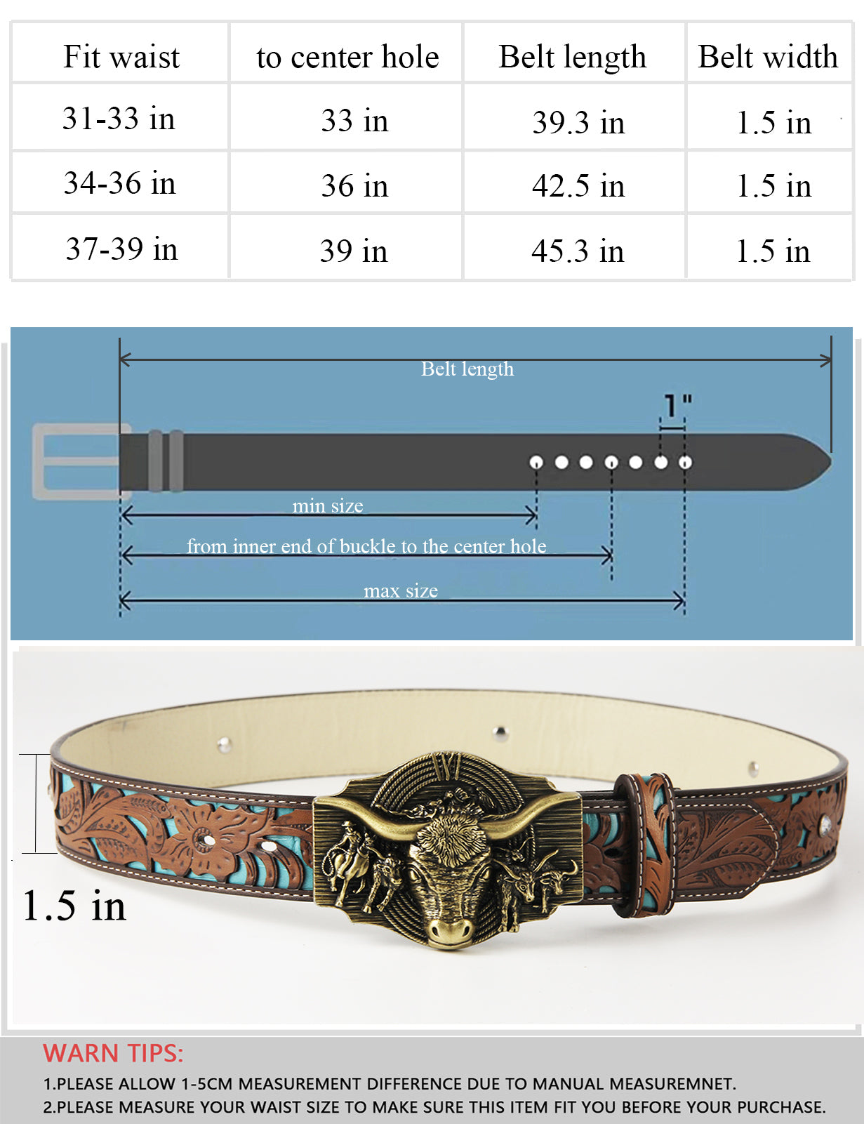 TOPACC Western Turquoise Belts - Longhorn Cow Belt Buckle Horseback Riding Copper/Bronze