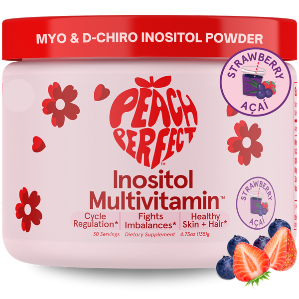 Peach Perfect Inositol Multivitamin container with strawberry acai flavor on a white background