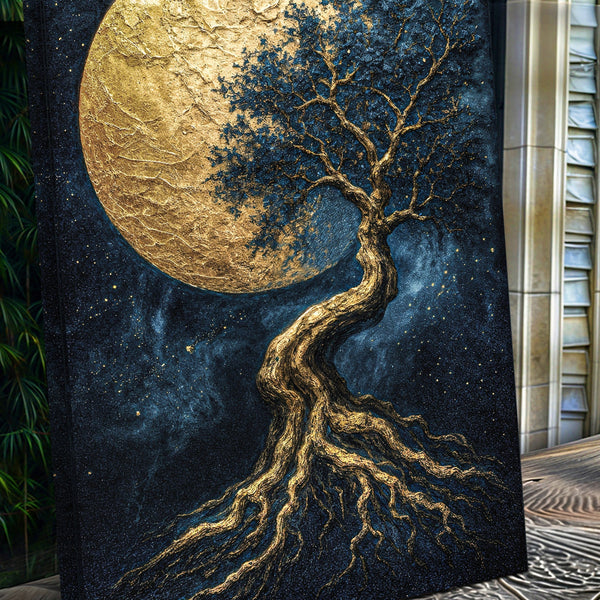 Decorative wall art with a gold tree and moon against a dark blue background