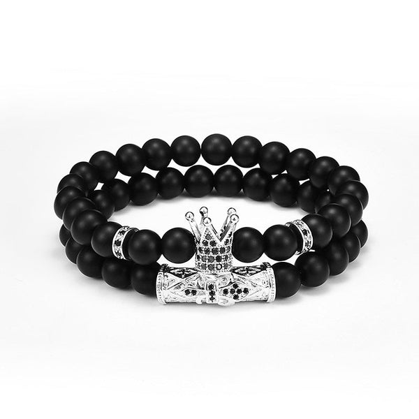 Lava Stone Combination Cubic Zircon Beads Bracelet Natural Red Tiger Eye Black Matte Onyx Stone Crown King Beads Bracelet For Men Women Fashion Charm Zircon Head Elastic Adjustable Bracelet Set Luxury Design