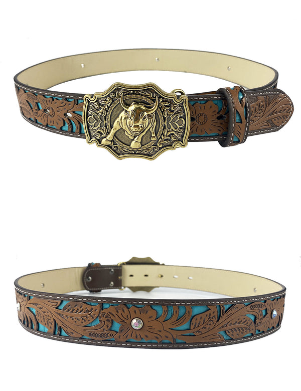 TOPACC Western Turquoise Belts - Bullfight Belt Buckle Copper/Bronze
