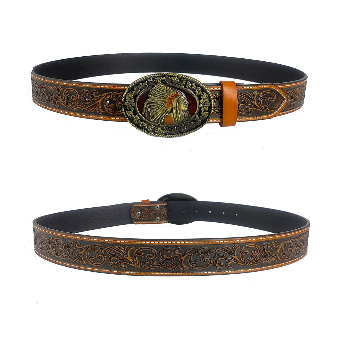 TOPACC Western Genuine Leather Pattern Tooled Belt-Indians Bronze drip oil Belt Buckle
