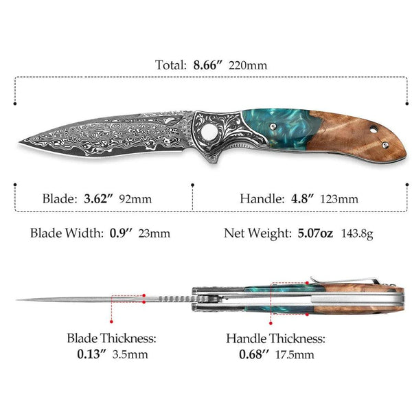 Raven VG10 Damascus Pocket Knife with Olive Burl Wood & Resin Handle - Gifts for You 'n Me