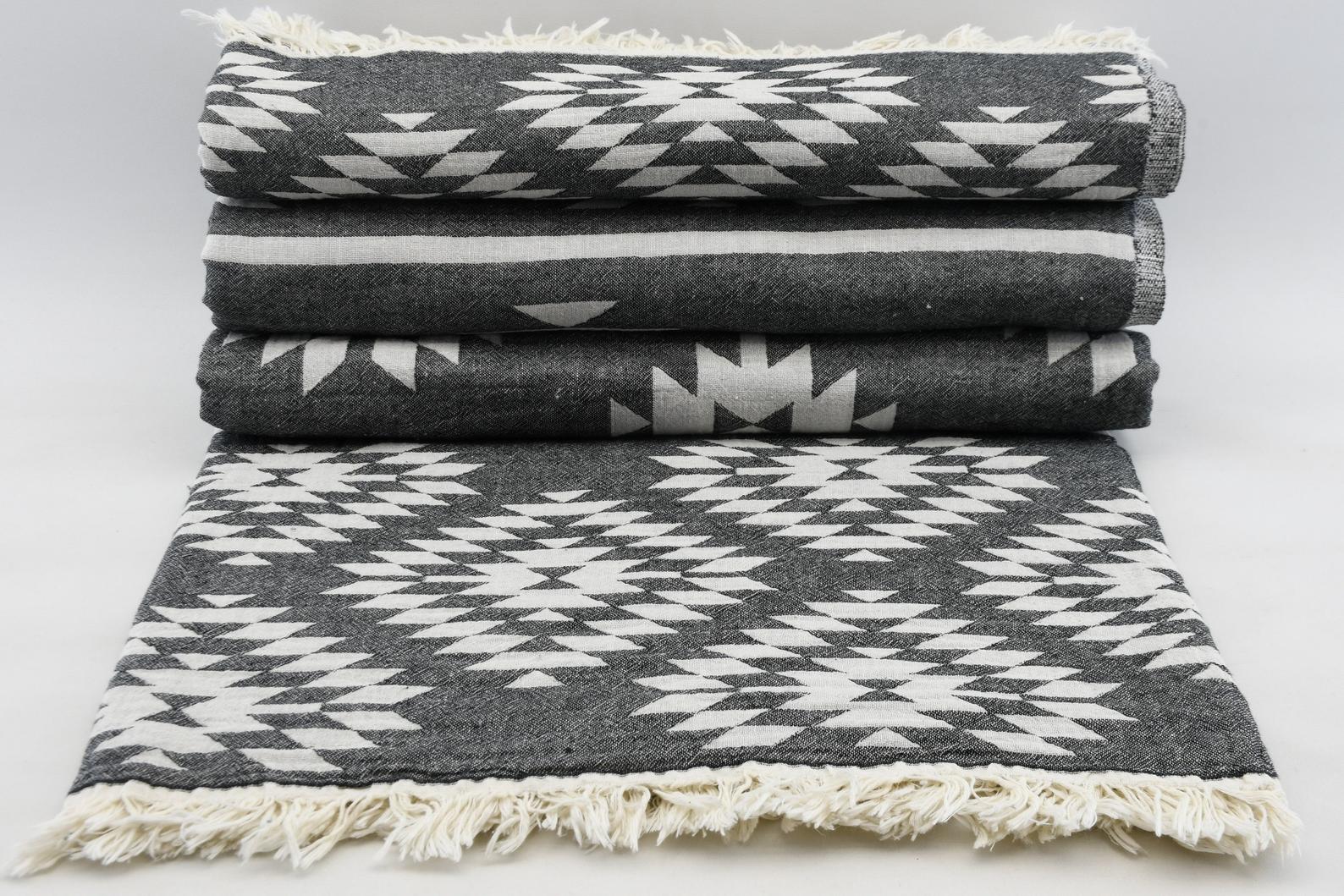 Black Aztec Turkish Towel – Lightweight Quick Dry Beach Towel, Boho Bathroom Decor, Turkish Cotton Bath Towel, Travel & Picnic Blanket