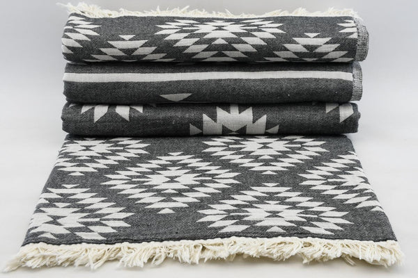 Black Aztec Turkish Towel – Lightweight Quick Dry Beach Towel, Boho Bathroom Decor, Turkish Cotton Bath Towel, Travel & Picnic Blanket