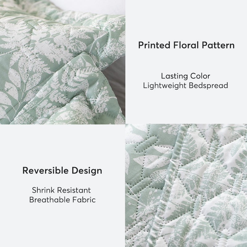 Kasentex Lightweight Botanical Green Floral Quilt Set - Light All Season Bedding, Room Decor, Graduation Gifts