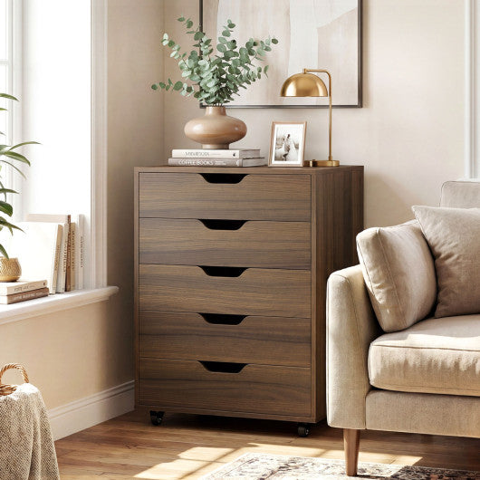 5 Drawer Mobile File Cabinet with Wheels for Living Room-Walnut
