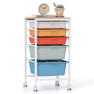 5-Drawer Rolling Storage Cart Mobile Utility Organizer with Wooden Tabletop and Lockable Wheels-Macaron