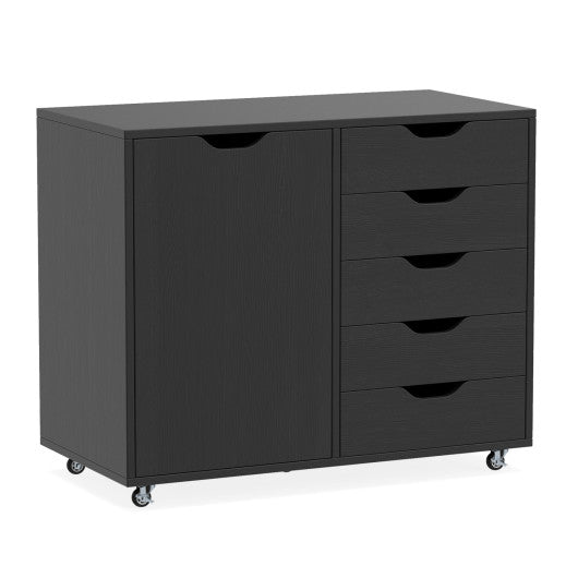 5-Drawer Rolling Storage Cart with Side Cabinet-Black