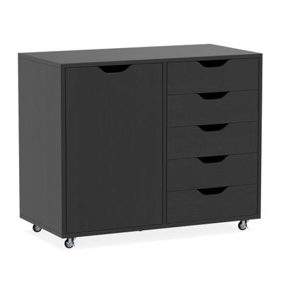 5-Drawer Rolling Storage Cart with Side Cabinet-Black