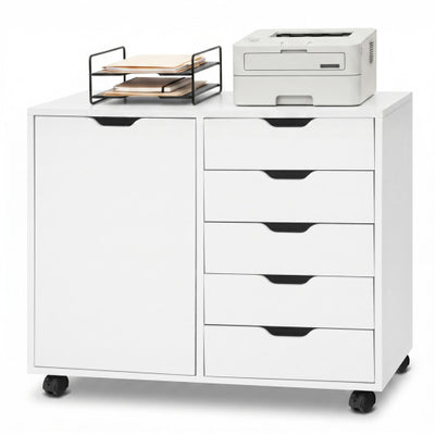 5 Drawer Storage Cabinet on Wheels with Adjustable Shelf-White