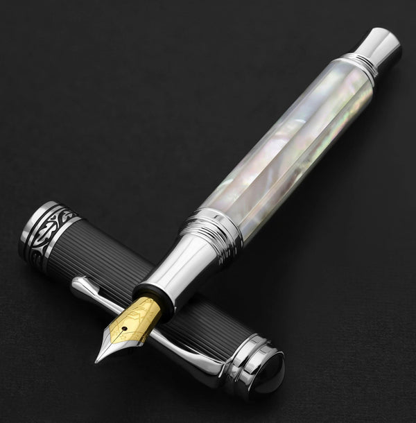 Maestro® Oceanic White Mother of Pearl Fountain Pen (Fine Nib) - DLC (Diamond-Like Coating) PVD Cap - Gifts for You 'n Me
