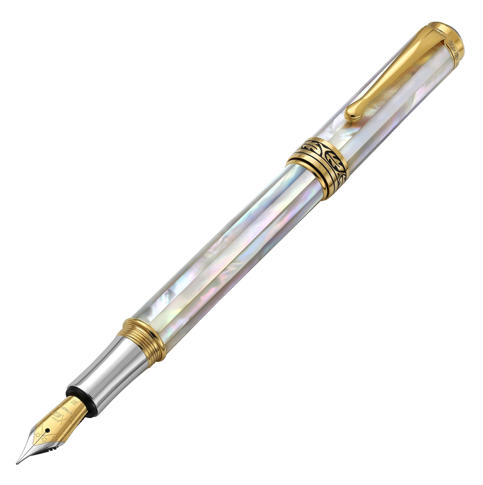 Maestro® Oceanic White Mother of Pearl Fountain Pen (Medium Nib) and 925 Sterling Silver Ballpoint Pen Set - 18K Gold Plated