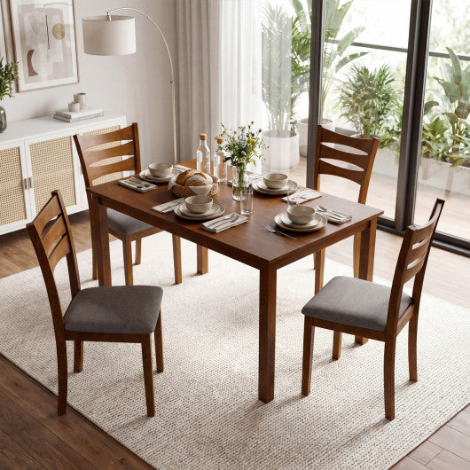 5-Piece Dining Table Set with Linen Fabric Upholstered Chairs and Solid Rubber Wood Frame for 4 People-Brown