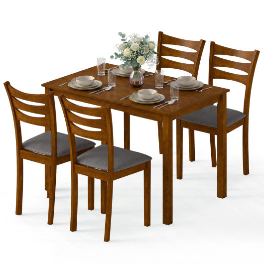 5-Piece Dining Table Set with Linen Fabric Upholstered Chairs and Solid Rubber Wood Frame for 4 People-Brown
