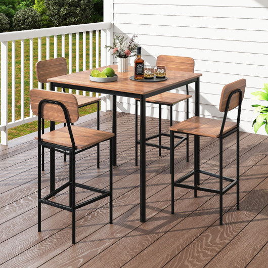 5-Piece Industrial Dining Table Set with Counter Height Table and 4 Bar Stools-Teak