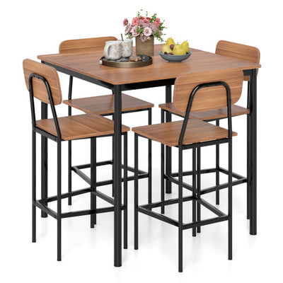 5-Piece Industrial Dining Table Set with Counter Height Table and 4 Bar Stools-Teak