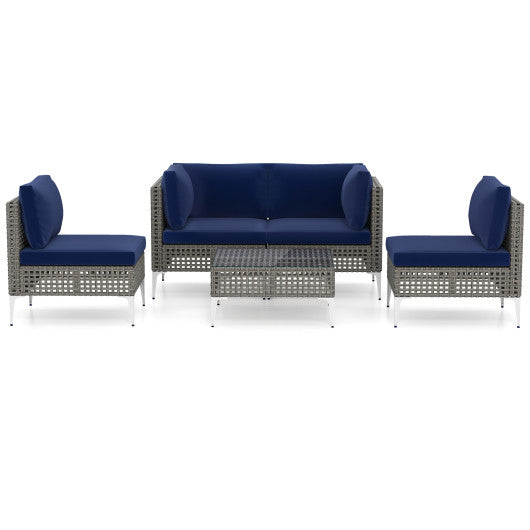 5 Piece Outdoor Furniture Set Patio Rattan Chairs with Tempered Glass Coffee Table-Navy