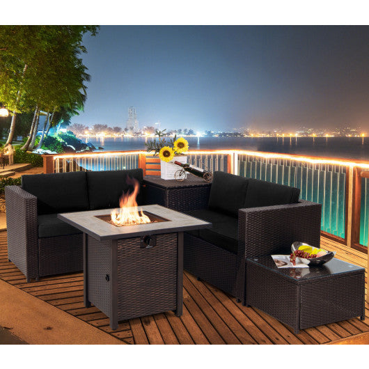 5-Piece Patio Furniture Set with 30 Inches Gas Fire Pit Table Outdoor PE Wicker Sofa Set-Black