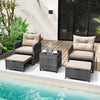 5 Piece Patio Rattan Furniture with 2 Ottomans and Tempered Glass Coffee Table-Beige