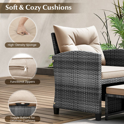 5 Piece Patio Rattan Furniture with 2 Ottomans and Tempered Glass Coffee Table-Beige