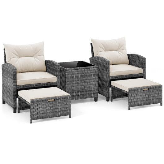 5 Piece Patio Rattan Furniture with 2 Ottomans and Tempered Glass Coffee Table-White