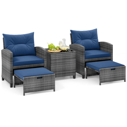 5 Piece Patio Rattan Furniture with 2 Ottomans and Tempered Glass Coffee Table-Navy