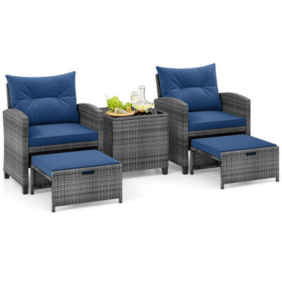 5 Piece Patio Rattan Furniture with 2 Ottomans and Tempered Glass Coffee Table-Navy