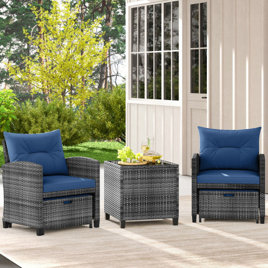 5 Piece Patio Rattan Furniture with 2 Ottomans and Tempered Glass Coffee Table-Navy
