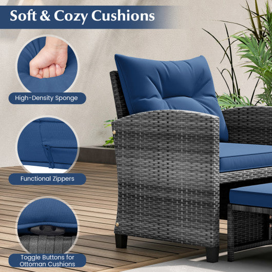 5 Piece Patio Rattan Furniture with 2 Ottomans and Tempered Glass Coffee Table-Navy