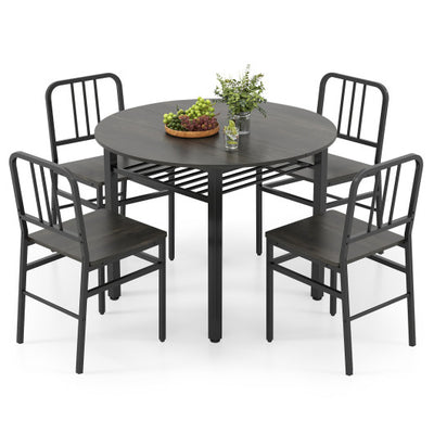 5-Piece Round Dining Table Set with Storage Shelf for Dining Room-Gray