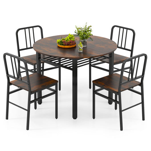 5-Piece Round Dining Table Set with Storage Shelf for Dining Room-Rustic Brown